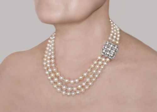 ART DECO TRIPLE STRAND PEARL NECKLACE ROSE CUT DIAMOND CLASP CERTIFIED - ADDITIONAL PHOTO 12