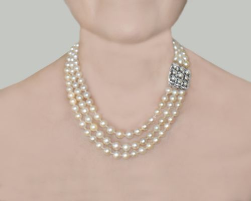 ART DECO TRIPLE STRAND PEARL NECKLACE ROSE CUT DIAMOND CLASP CERTIFIED - ADDITIONAL PHOTO 13