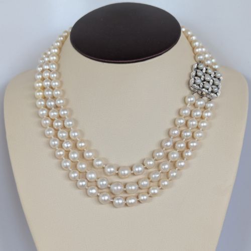 ART DECO TRIPLE STRAND PEARL NECKLACE ROSE CUT DIAMOND CLASP CERTIFIED - ADDITIONAL PHOTO 14