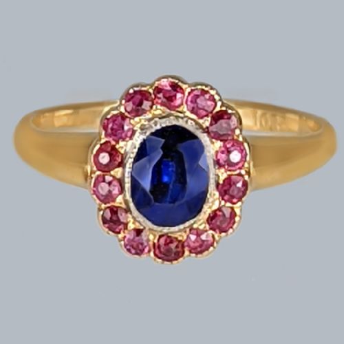 ANTIQUE SYNTHETIC SAPPHIRE AND NATURAL RUBY CLUSTER RING IN 18CT GOLD WITH GEM REPORT