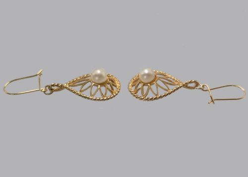 VINTAGE 9CT GOLD PEARL DANGLE EARRINGS HALLMARKED LONDON 1966 - ADDITIONAL PHOTO 3