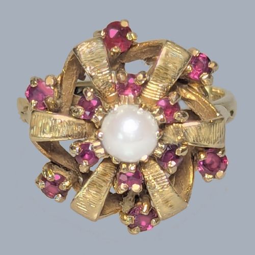 VINTAGE RUBY AND PEARL CLUSTER RING 9CT GOLD HALLMARKED 1962 - ADDITIONAL PHOTO 1