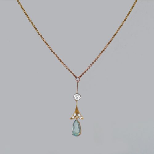 fig 5. Elegant Edwardian Aquamarine and White Sapphire Necklace in 15ct Gold, Foliate Drop Pendant ca 1910