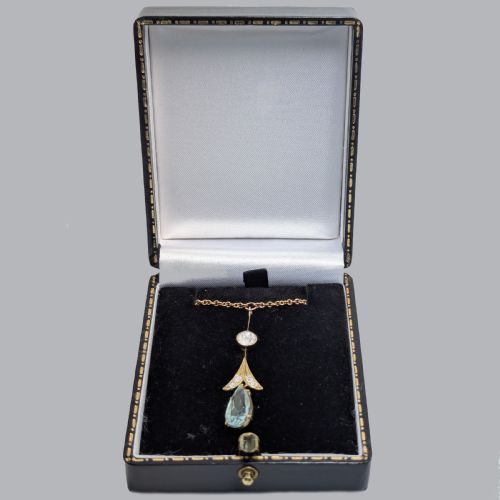 fig 6. Elegant Edwardian Aquamarine and White Sapphire Necklace in 15ct Gold, Foliate Drop Pendant ca 1910