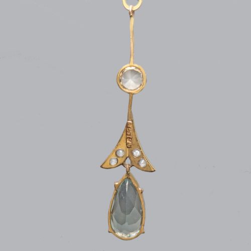 fig 8. Elegant Edwardian Aquamarine and White Sapphire Necklace in 15ct Gold, Foliate Drop Pendant ca 1910