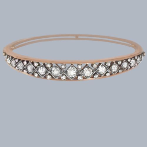 VICTORIAN 22 OLD MINE CUT DIAMOND BANGLE IN 15CT GOLD AND SILVER ANTIQUE C1880