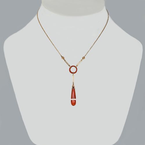 ELEGANT ART DECO CARNELIAN ROCK CRYSTAL DROP NECKLACE IN 9CT GOLD CIRCA 1920 - ADDITIONAL PHOTO 1