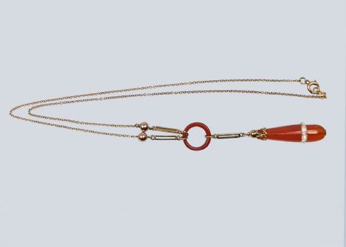 ELEGANT ART DECO CARNELIAN ROCK CRYSTAL DROP NECKLACE IN 9CT GOLD CIRCA 1920 - ADDITIONAL PHOTO 2