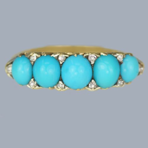 ANTIQUE VICTORIAN FIVE STONE TURQUOISE DIAMOND RING IN 18CT GOLD CIRCA 1890