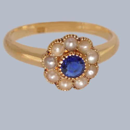 VICTORIAN SAPPHIRE AND SPLIT PEARL CLUSTER RING IN 18CT GOLD ANTIQUE CIRCA 1890 - ADDITIONAL PHOTO 2