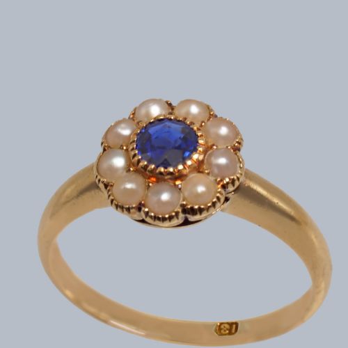VICTORIAN SAPPHIRE AND SPLIT PEARL CLUSTER RING IN 18CT GOLD ANTIQUE CIRCA 1890 - ADDITIONAL PHOTO 3