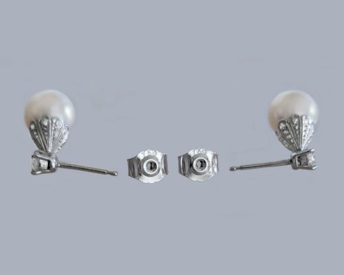 VINTAGE DIAMOND AND PEARL DROP EARRINGS IN 18CT WHITE GOLD CIRCA 1950S - ADDITIONAL PHOTO 2