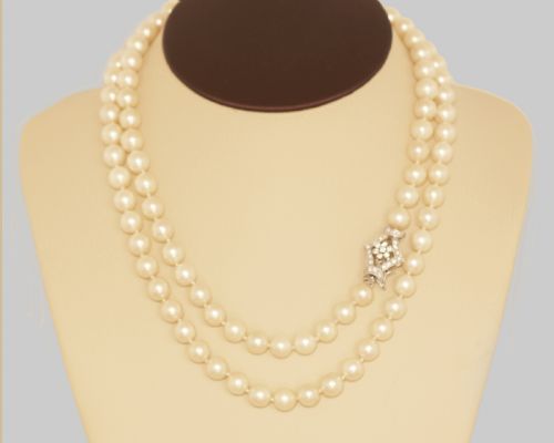 VINTAGE LONG PEARL NECKLACE WITH 18CT WHITE GOLD OLD CUT DIAMOND CLASP C1950 - ADDITIONAL PHOTO 10