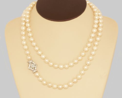 VINTAGE LONG PEARL NECKLACE WITH 18CT WHITE GOLD OLD CUT DIAMOND CLASP C1950 - ADDITIONAL PHOTO 11
