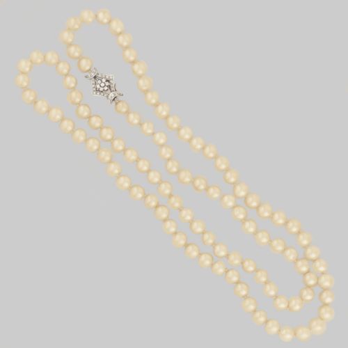 VINTAGE LONG PEARL NECKLACE WITH 18CT WHITE GOLD OLD CUT DIAMOND CLASP C1950 - ADDITIONAL PHOTO 13