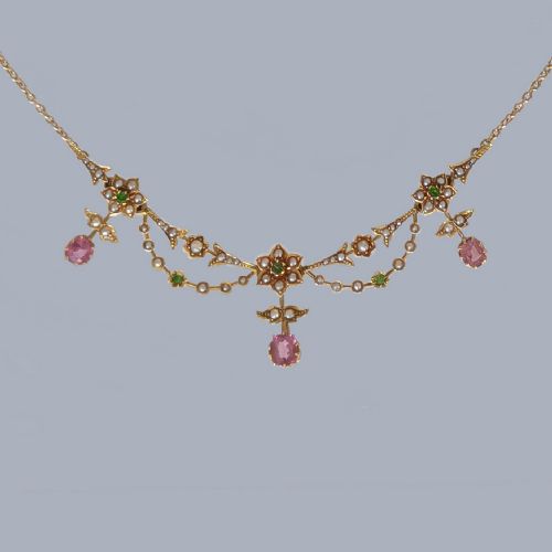 RARE EDWARDIAN FRINGE NECKLACE 18CT GOLD PINK SAPPHIRE GARNET AND SEED PEARL C1910