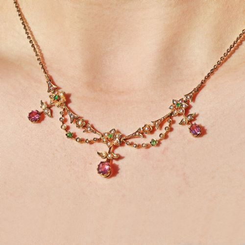 RARE EDWARDIAN FRINGE NECKLACE 18CT GOLD PINK SAPPHIRE GARNET AND SEED PEARL C1910 - ADDITIONAL PHOTO 1