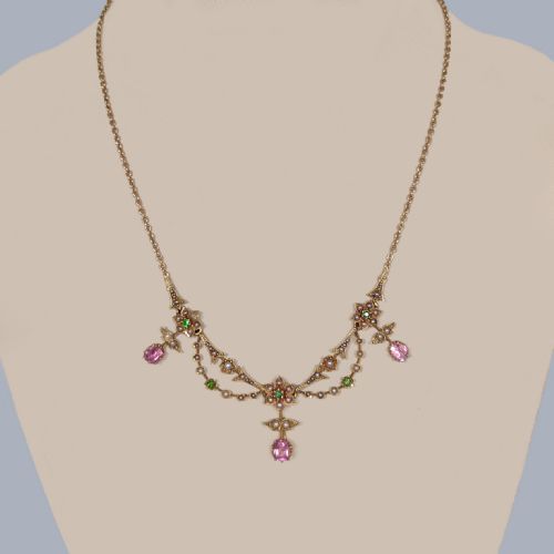 RARE EDWARDIAN FRINGE NECKLACE 18CT GOLD PINK SAPPHIRE GARNET AND SEED PEARL C1910 - ADDITIONAL PHOTO 2