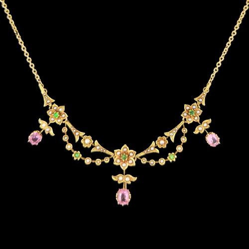 RARE EDWARDIAN FRINGE NECKLACE 18CT GOLD PINK SAPPHIRE GARNET AND SEED PEARL C1910 - ADDITIONAL PHOTO 3