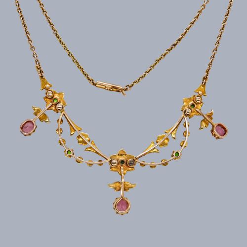 RARE EDWARDIAN FRINGE NECKLACE 18CT GOLD PINK SAPPHIRE GARNET AND SEED PEARL C1910 - ADDITIONAL PHOTO 4