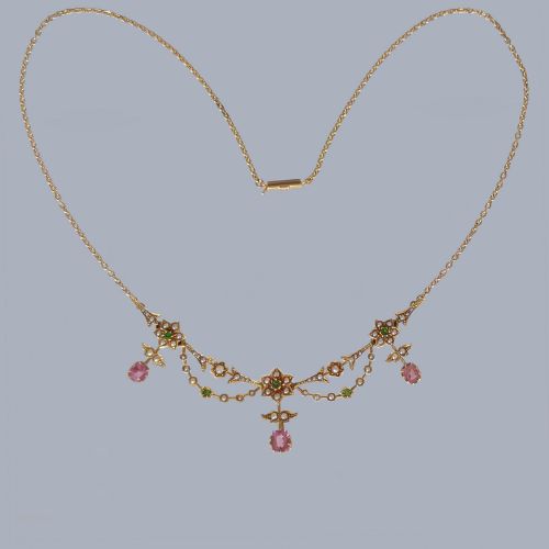 RARE EDWARDIAN FRINGE NECKLACE 18CT GOLD PINK SAPPHIRE GARNET AND SEED PEARL C1910 - ADDITIONAL PHOTO 5