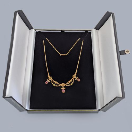 RARE EDWARDIAN FRINGE NECKLACE 18CT GOLD PINK SAPPHIRE GARNET AND SEED PEARL C1910 - ADDITIONAL PHOTO 6