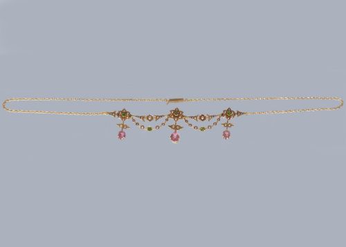 RARE EDWARDIAN FRINGE NECKLACE 18CT GOLD PINK SAPPHIRE GARNET AND SEED PEARL C1910 - ADDITIONAL PHOTO 7