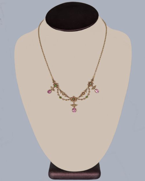 RARE EDWARDIAN FRINGE NECKLACE 18CT GOLD PINK SAPPHIRE GARNET AND SEED PEARL C1910 - ADDITIONAL PHOTO 10