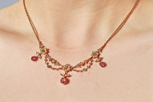 RARE EDWARDIAN FRINGE NECKLACE 18CT GOLD PINK SAPPHIRE GARNET AND SEED PEARL C1910 - ADDITIONAL PHOTO 11