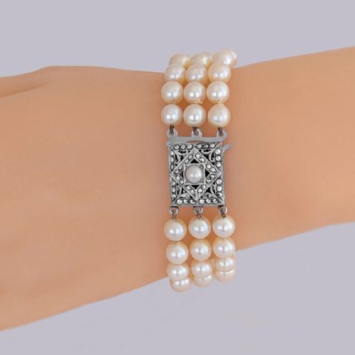 VINTAGE TRIPLE STRAND CULTURED PEARL BRACELET WITH STERLING SILVER MARCASITE CLASP AND ORIGINAL BOX