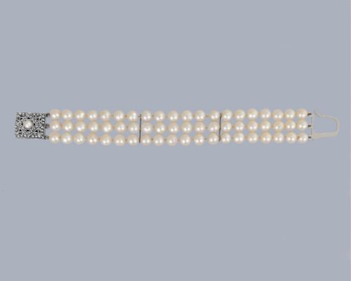 VINTAGE TRIPLE STRAND CULTURED PEARL BRACELET WITH STERLING SILVER MARCASITE CLASP AND ORIGINAL BOX - ADDITIONAL PHOTO 8