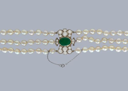 1920S TRIPLE STRAND PEARL NECKLACE WITH ART DECO JADEITE CLASP WITH BIRMINGHAM ASSAY OFFICE GEM REPORT - ADDITIONAL PHOTO 8