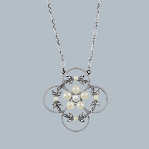 ANTIQUE PLATINUM DIAMOND AND PEARL NECKLACE 15CT GOLD EDWARDIAN CIRCA 1910 ART NOUVEAU