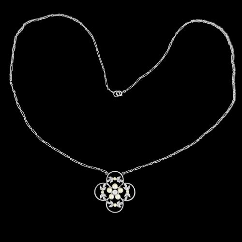 ANTIQUE PLATINUM DIAMOND AND PEARL NECKLACE 15CT GOLD EDWARDIAN CIRCA 1910 ART NOUVEAU - ADDITIONAL PHOTO 2