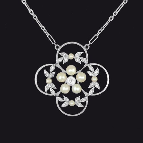 ANTIQUE PLATINUM DIAMOND AND PEARL NECKLACE 15CT GOLD EDWARDIAN CIRCA 1910 ART NOUVEAU - ADDITIONAL PHOTO 3