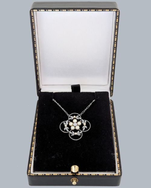 ANTIQUE PLATINUM DIAMOND AND PEARL NECKLACE 15CT GOLD EDWARDIAN CIRCA 1910 ART NOUVEAU - ADDITIONAL PHOTO 5