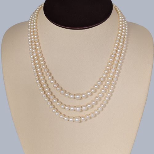 VINTAGE TRIPLE STRAND PEARL NECKLACE 9CT GOLD DIAMOND CLASP LONDON 1958 - ADDITIONAL PHOTO 6