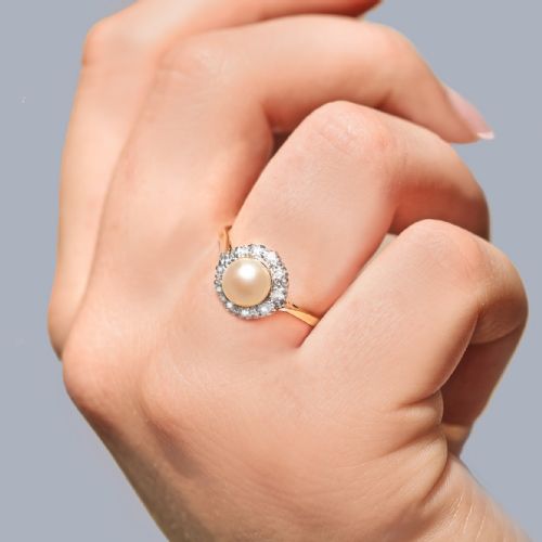 1960S PEARL AND DIAMOND CLUSTER RING 18CT GOLD HALLMARKED BIRMINGHAM 1962 - ADDITIONAL PHOTO 2