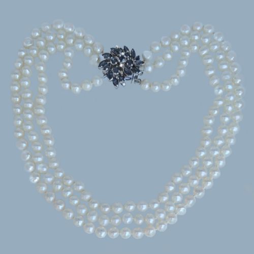 Vintage Three Row Pearl Necklace with Natural Sapphire & Diamond Floral Silver Clasp with Gem Report
