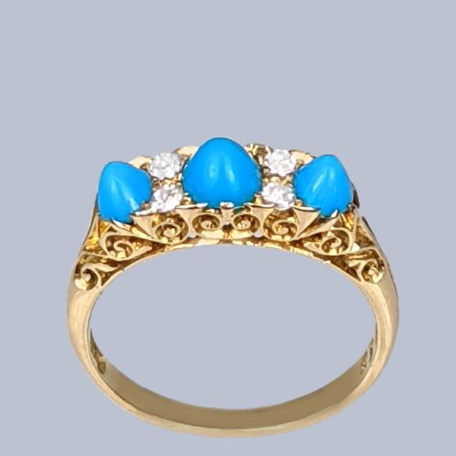 Victorian 18ct Gold Turquoise & Old Cut Diamond Trilogy Ring Circa 1890