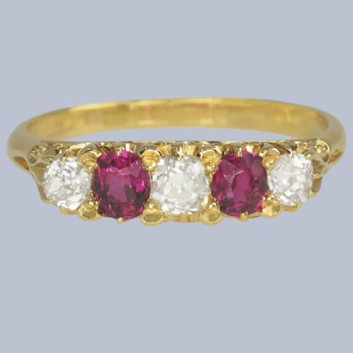 Late Victorian Ruby & 0.65ct Old Mine Cut Diamond Five Stone Ring 18ct Gold