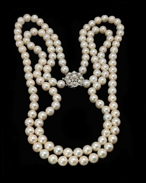 fig 2. Vintage Double Strand Pearl Necklace 9ct White Gold London 1962 Diamond Clasp 9mm Pearls