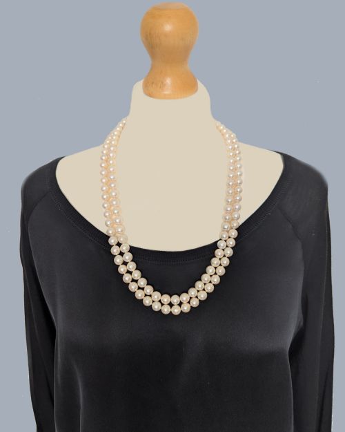 fig 6. Vintage Double Strand Pearl Necklace 9ct White Gold London 1962 Diamond Clasp 9mm Pearls