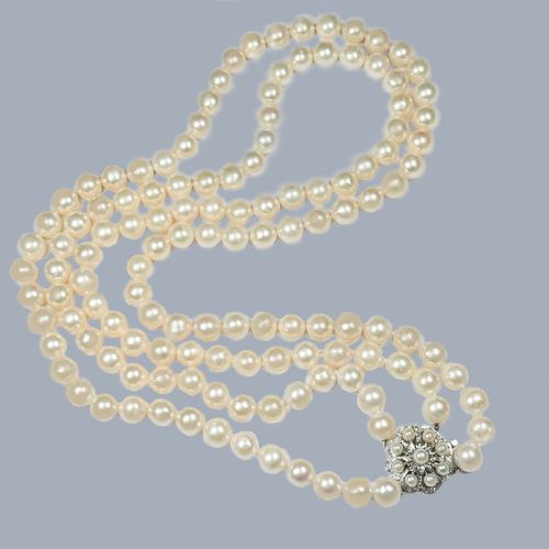 fig 7. Vintage Double Strand Pearl Necklace 9ct White Gold London 1962 Diamond Clasp 9mm Pearls
