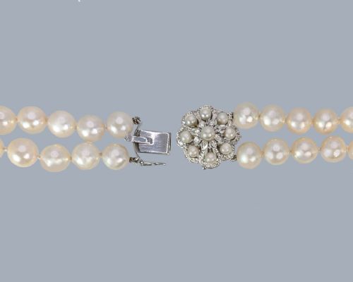 fig 8. Vintage Double Strand Pearl Necklace 9ct White Gold London 1962 Diamond Clasp 9mm Pearls