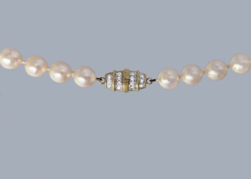 fig 5. A single strand of uniform cultured cream pearls featuring an ornate 9ct gold clasp embellished with diamonds.
