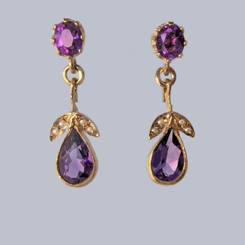 Vintage 9ct Gold Amethyst & Seed Pearl Drop Earrings, Hallmarked Sheffield 1967 Victorian Style
