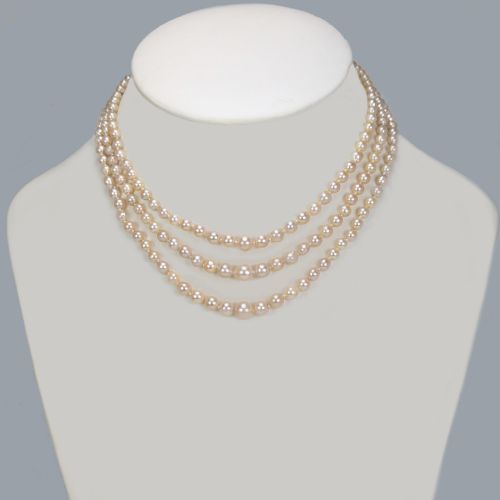 fig 1. 1950s Triple Strand Pearl Necklace 9ct Gold Diamond Clasp with AnchorCert Pearl Report - Restrung