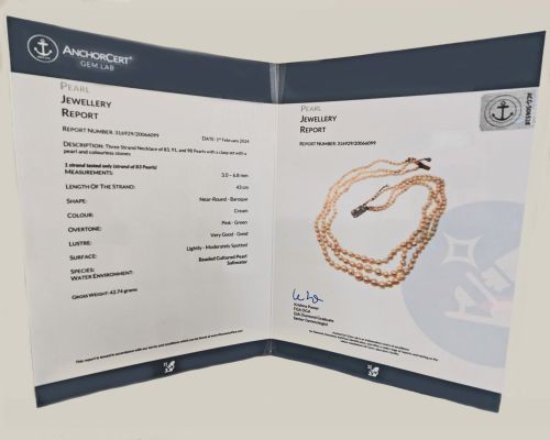 fig 2. 1950s Triple Strand Pearl Necklace 9ct Gold Diamond Clasp with AnchorCert Pearl Report - Restrung
