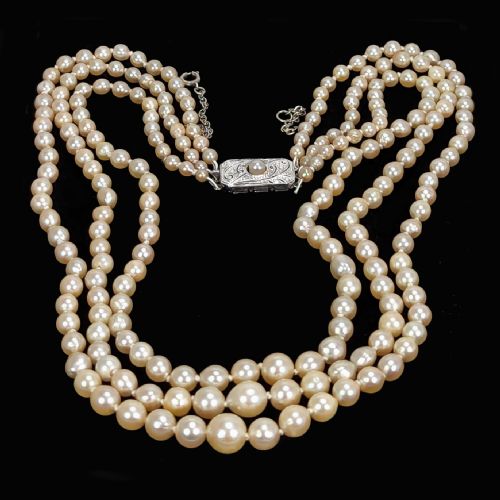 fig 4. 1950s Triple Strand Pearl Necklace 9ct Gold Diamond Clasp with AnchorCert Pearl Report - Restrung